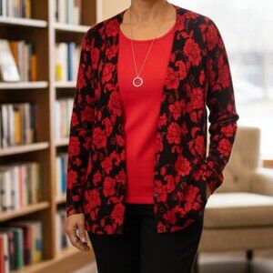 C.D. Daniels Red & Black Floral Layered Look Cardigan Sweater - Size 1X